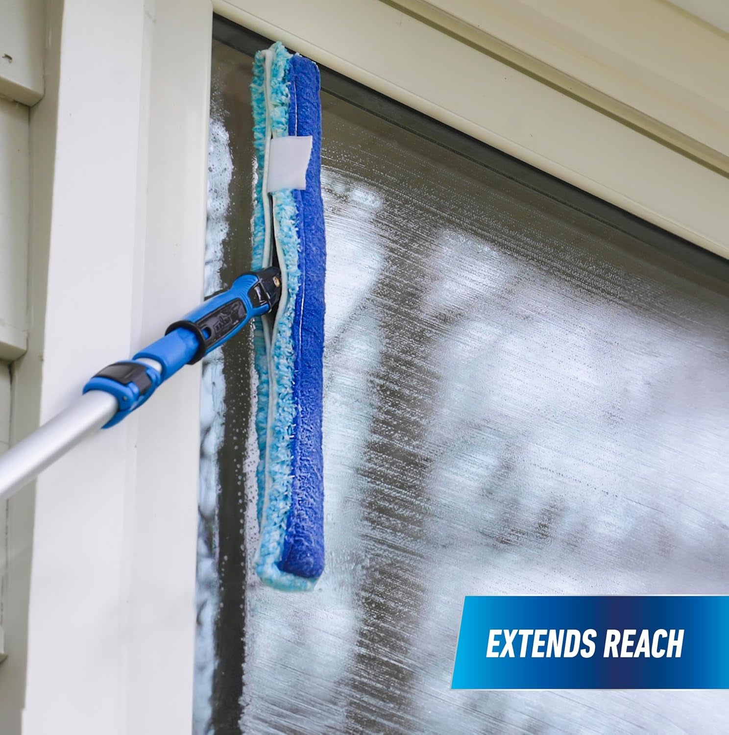 Professional Connect and Clean 18” Grip Microfiber Window Scrubber with 8’ Pole, High-Access Glass Surface Household Cleaning Supplies and Tools, Reusable Microfiber Sleeve