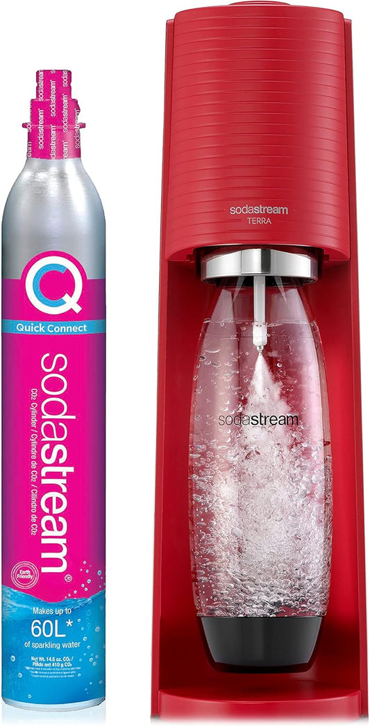 Terra Sparkling Water Maker (Red) with CO2 and Dishwasher Safe Bottle