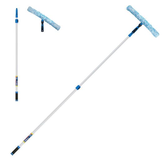 Professional Connect and Clean 18” Grip Microfiber Window Scrubber with 8’ Pole, High-Access Glass Surface Household Cleaning Supplies and Tools, Reusable Microfiber Sleeve