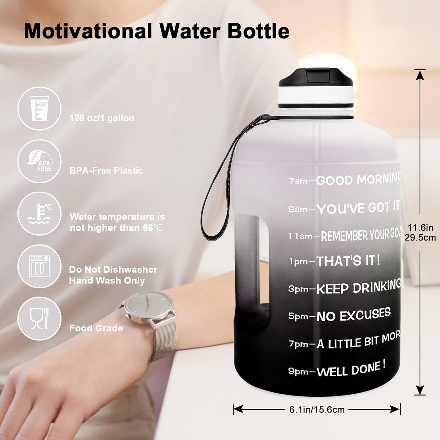 Motivational Gallon Water Bottle - with Straw & Time Marker BPA Free Large Reusable Sport Water Jug with Handle for Fitness Outdoor Enthusiasts Leak-Proof