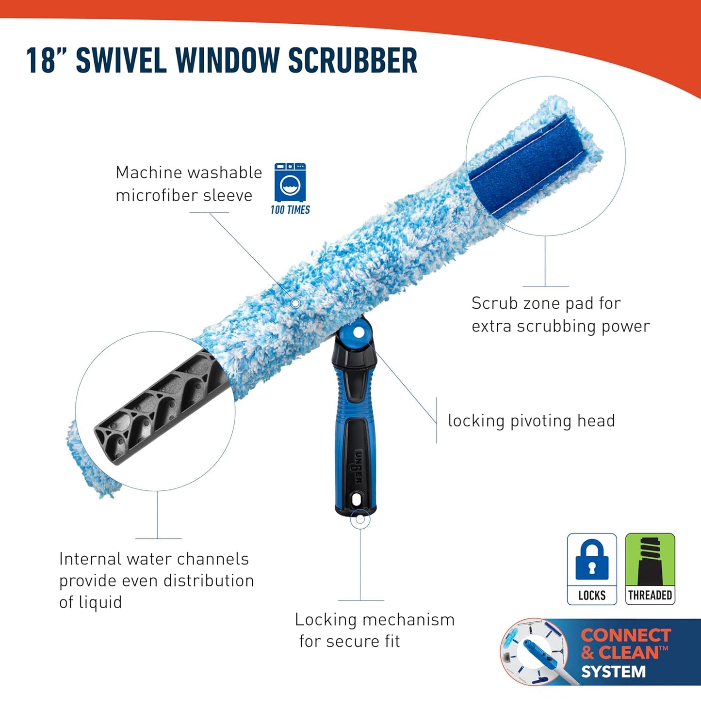 Professional Connect and Clean 18” Grip Microfiber Window Scrubber with 8’ Pole, High-Access Glass Surface Household Cleaning Supplies and Tools, Reusable Microfiber Sleeve
