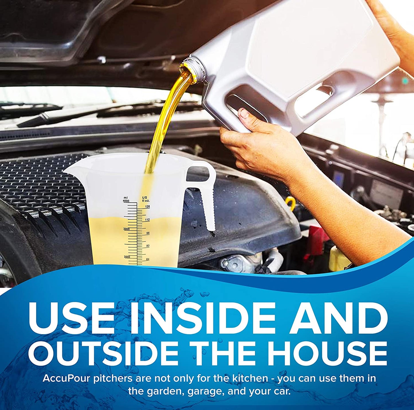 128Oz (1 Gallon) Measuring Pitcher, Plastic, Multipurpose - Great for Oil, Chemicals, Pool and Lawn - Ounce (Oz) and Milliliter (Ml) Increments (4000 Ml)