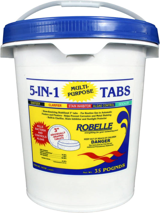 35-Pounds Premium 5-In-1 Multi-Purpose Tabs, Chlorine Tablets 3 Inch, Sanitizer, Clarifier, Stain Inhibitor, Algae Control, Descaler, Sunlight Protector All in One, Made in USA