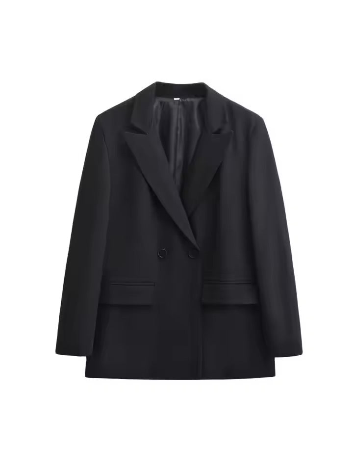 Women's Double Breasted Office Wear Blazer Coat, Long Sleeve, Flap Pockets, Female Outerwear, Chic Tops, Fashion