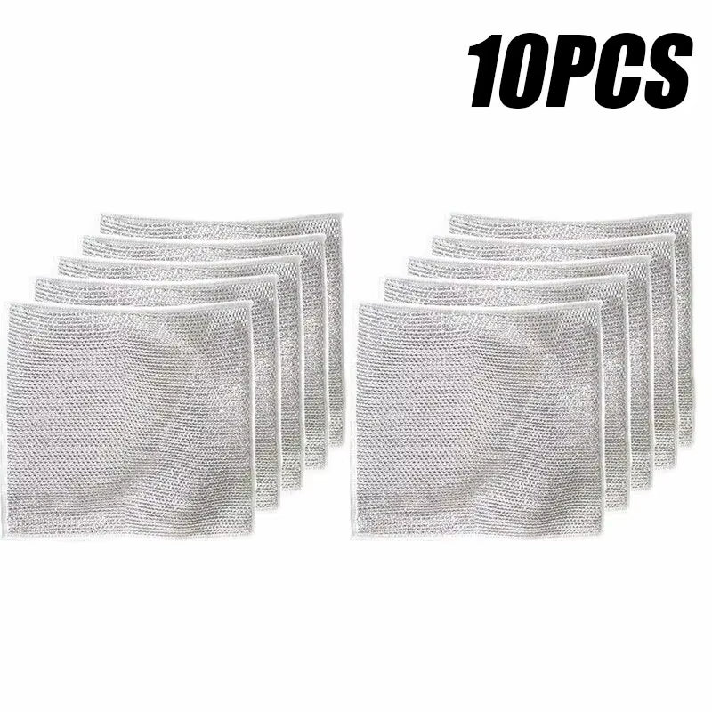 10Pcs Magic Dishcloth Silver Wire Cleaning Kitchen Cloth Thickened Microfiber Wash Towel Built-In Sponge Steel Wire Ball Rag