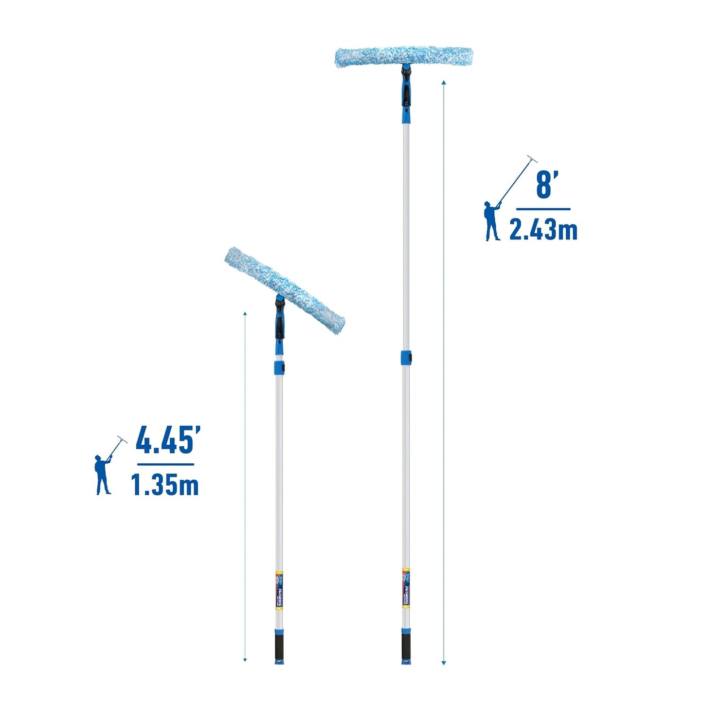 Professional Connect and Clean 18” Grip Microfiber Window Scrubber with 8’ Pole, High-Access Glass Surface Household Cleaning Supplies and Tools, Reusable Microfiber Sleeve