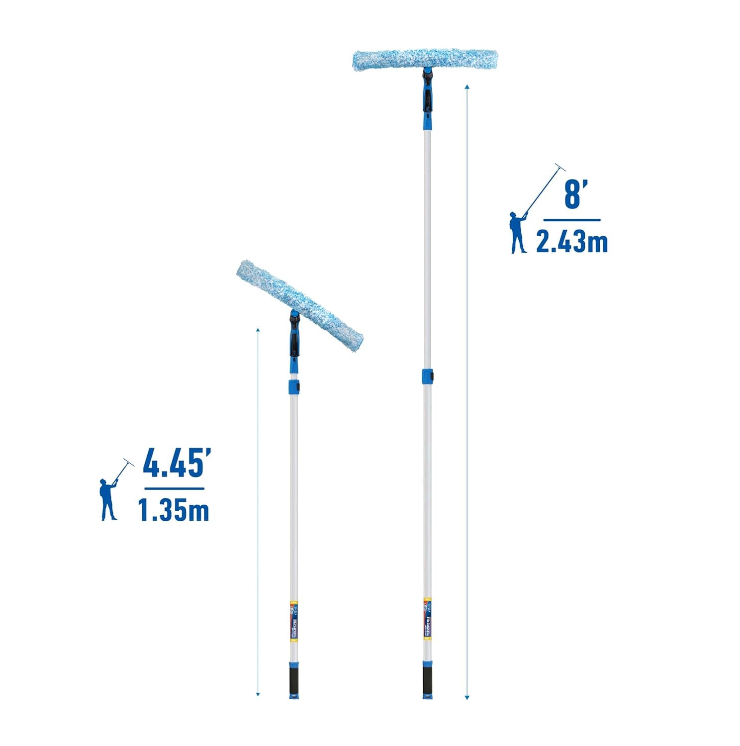 Professional Connect and Clean 18” Grip Microfiber Window Scrubber with 8’ Pole, High-Access Glass Surface Household Cleaning Supplies and Tools, Reusable Microfiber Sleeve