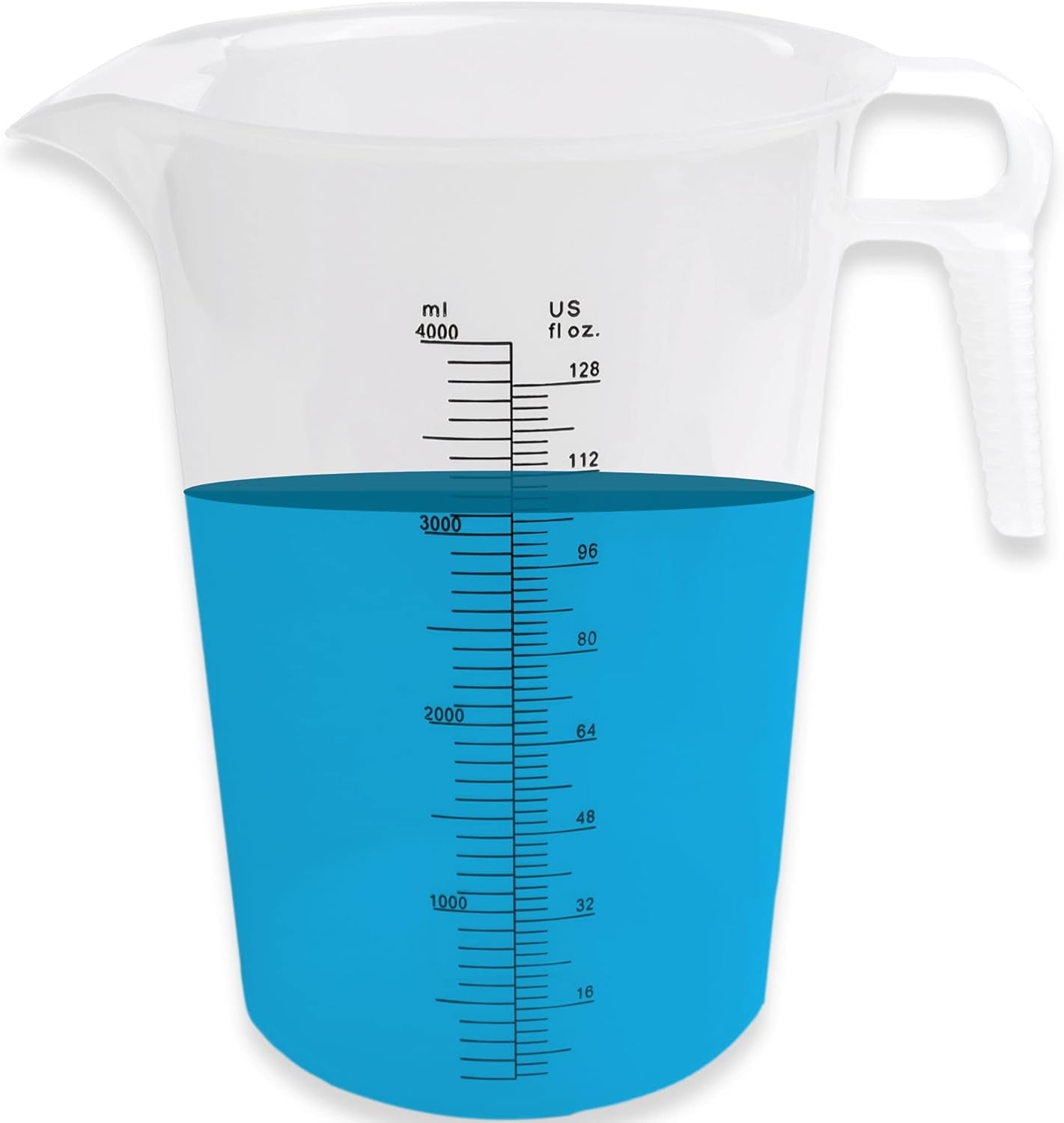 128Oz (1 Gallon) Measuring Pitcher, Plastic, Multipurpose - Great for Oil, Chemicals, Pool and Lawn - Ounce (Oz) and Milliliter (Ml) Increments (4000 Ml)
