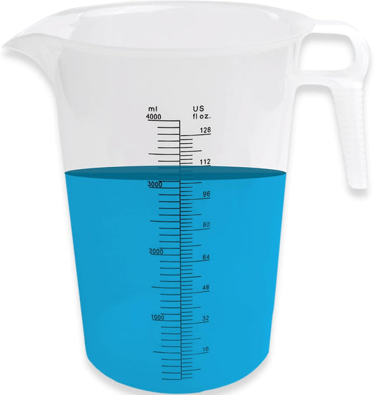 128Oz (1 Gallon) Measuring Pitcher, Plastic, Multipurpose - Great for Oil, Chemicals, Pool and Lawn - Ounce (Oz) and Milliliter (Ml) Increments (4000 Ml)