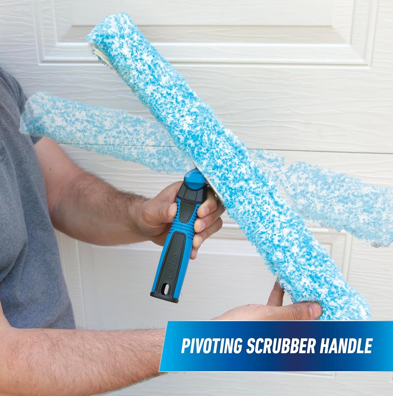 Professional Connect and Clean 18” Grip Microfiber Window Scrubber with 8’ Pole, High-Access Glass Surface Household Cleaning Supplies and Tools, Reusable Microfiber Sleeve