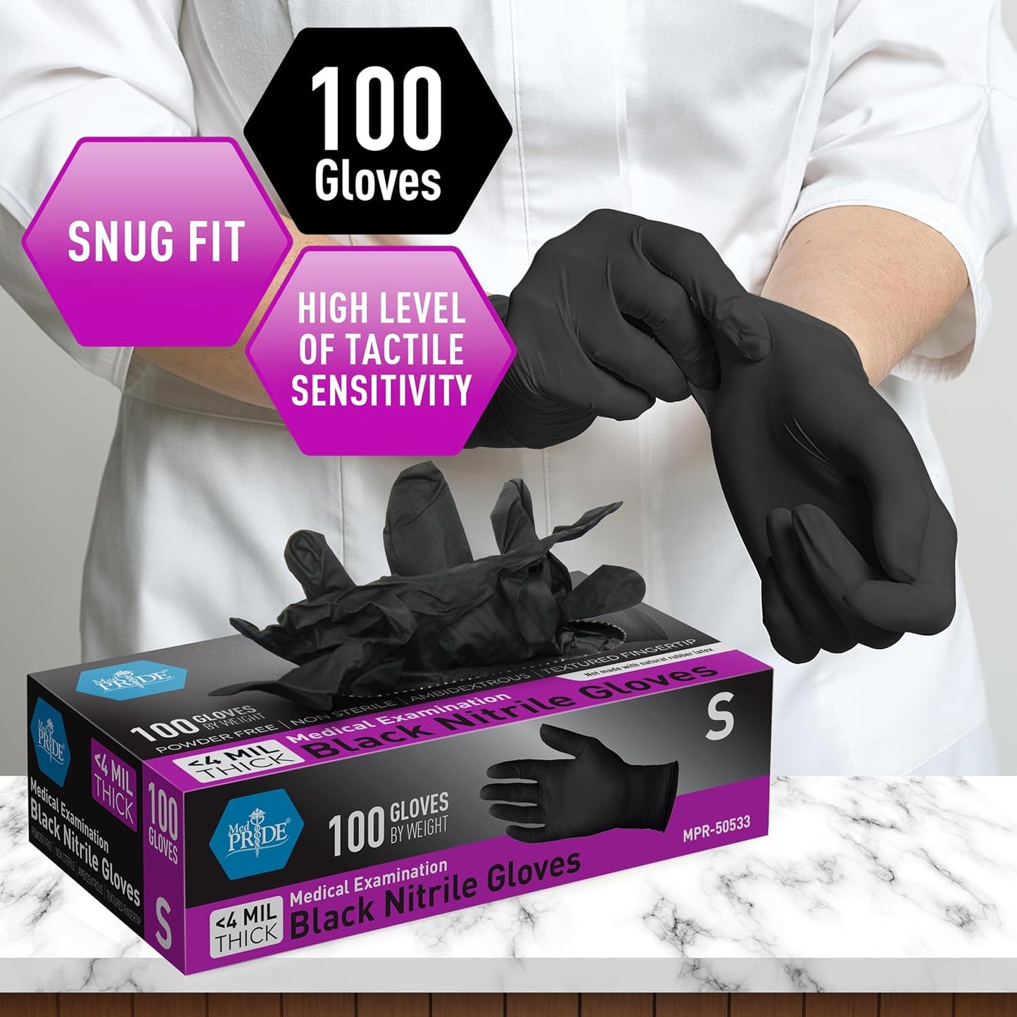 Black Medical Nitrile Gloves, Heavy Duty 5 Mil, Non-Latex, Powder-Free, Versatile for Healthcare, Tattoo, Food Handling (Small, 100-Count) Ultra-Strong 6 Mil Thick, Disposable