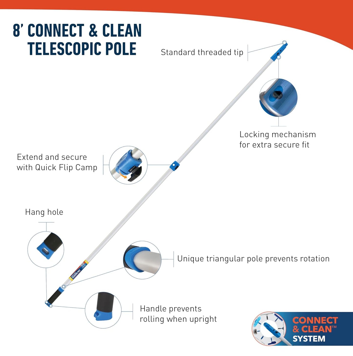 Professional Connect and Clean 18” Grip Microfiber Window Scrubber with 8’ Pole, High-Access Glass Surface Household Cleaning Supplies and Tools, Reusable Microfiber Sleeve