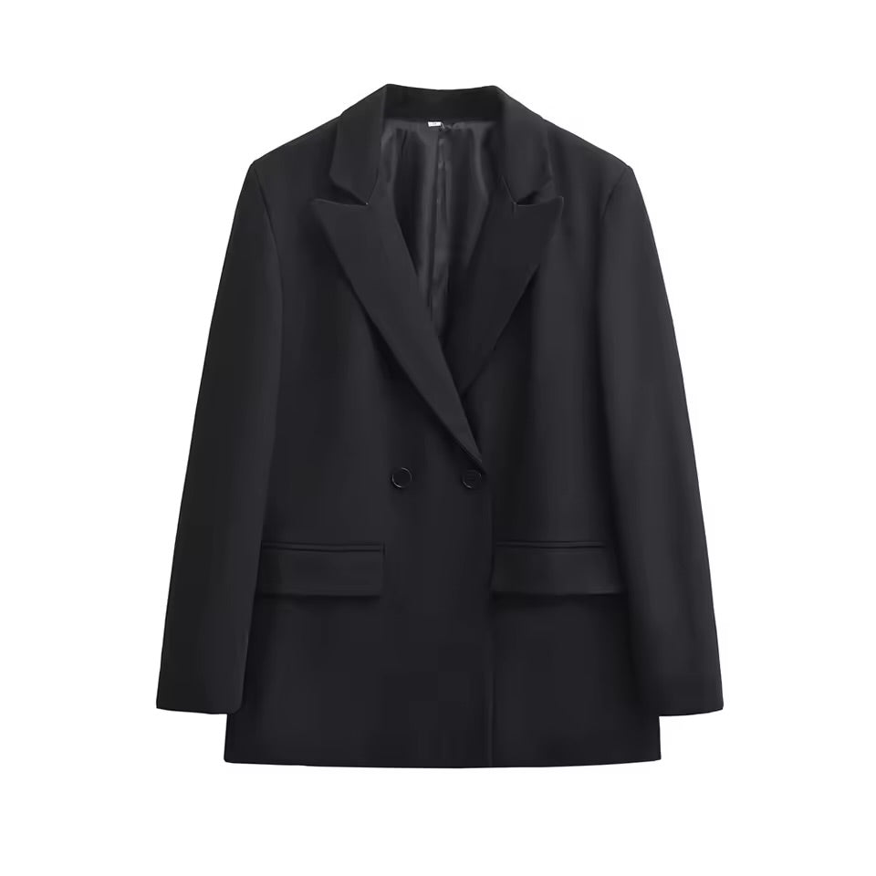 Women's Double Breasted Office Wear Blazer Coat, Long Sleeve, Flap Pockets, Female Outerwear, Chic Tops, Fashion