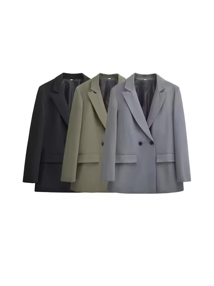 Women's Double Breasted Office Wear Blazer Coat, Long Sleeve, Flap Pockets, Female Outerwear, Chic Tops, Fashion