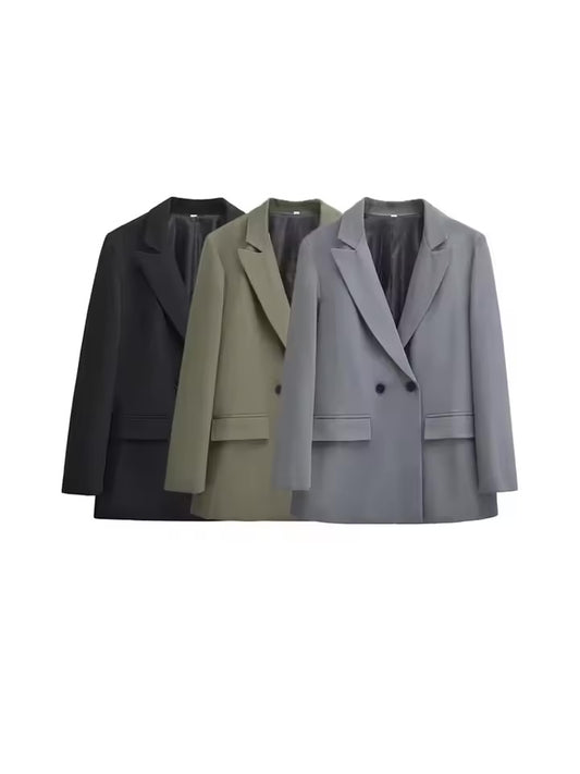 Women's Double Breasted Office Wear Blazer Coat, Long Sleeve, Flap Pockets, Female Outerwear, Chic Tops, Fashion