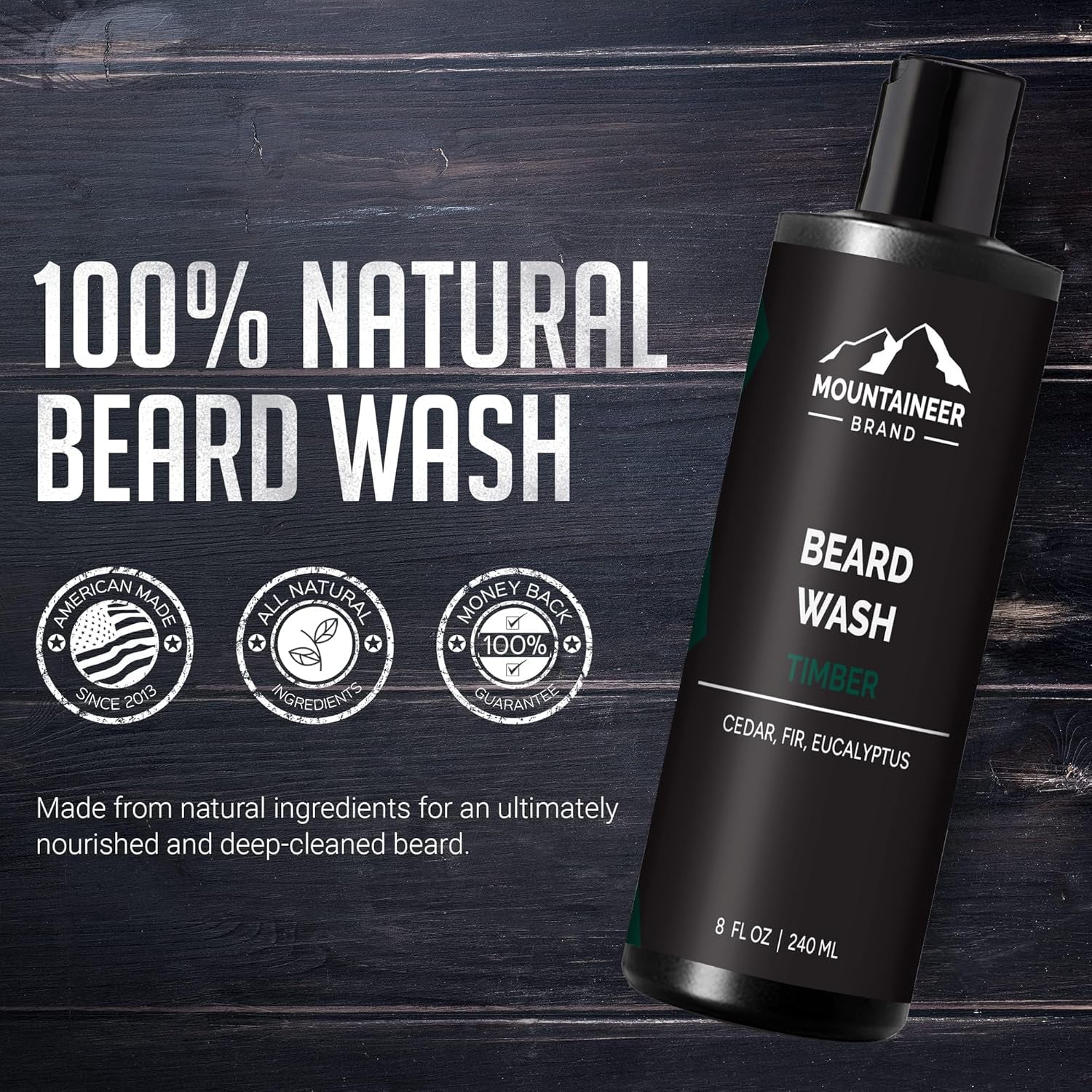 Beard Wash for Men | 100% Natural Beard Shampoo | Thick Cleaning Softening Lather for Hair and Skin | Hydrate and Detangle | Grooming Treatment | WV Timber Scent 8Oz