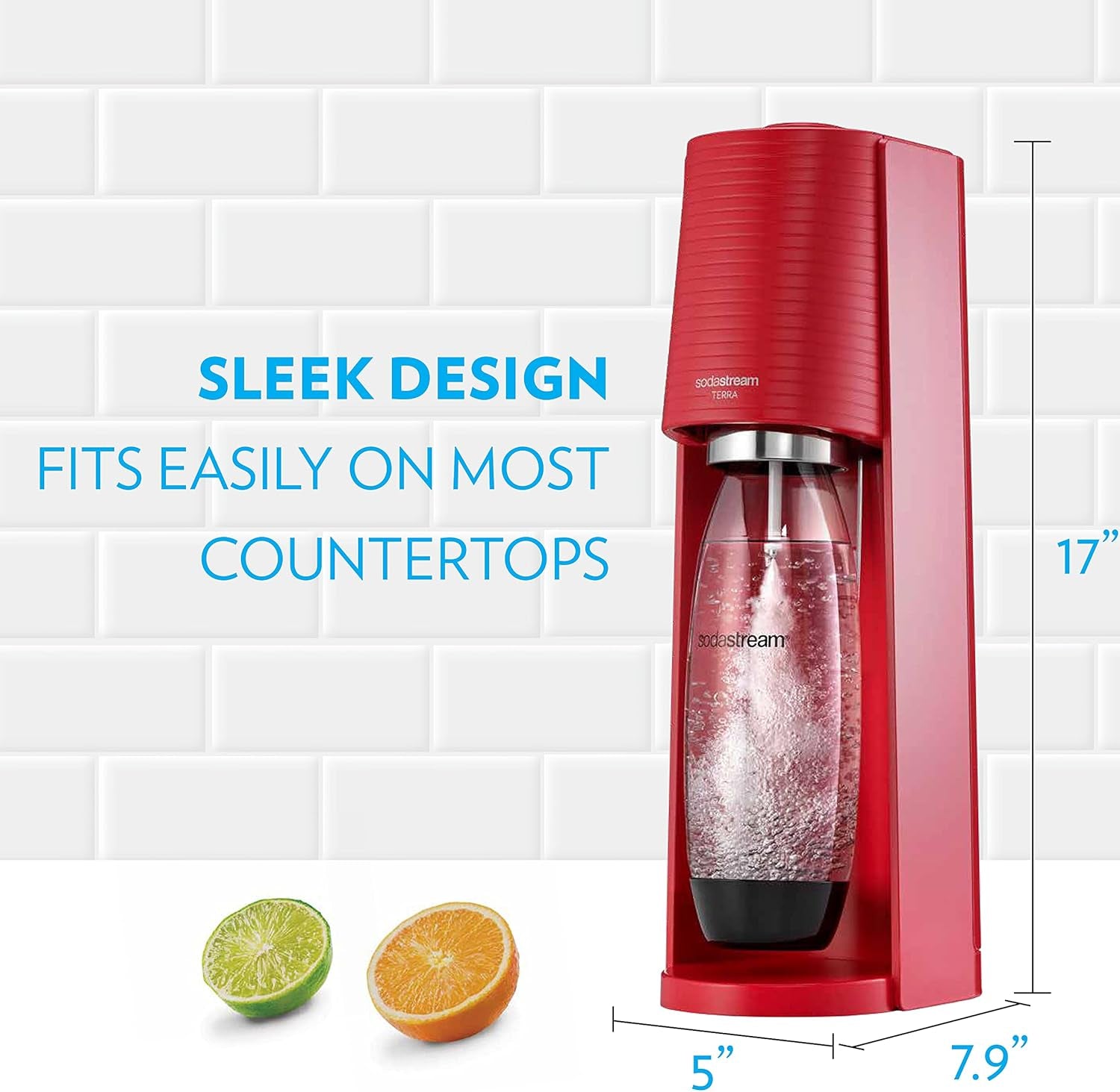 Terra Sparkling Water Maker (Red) with CO2 and Dishwasher Safe Bottle