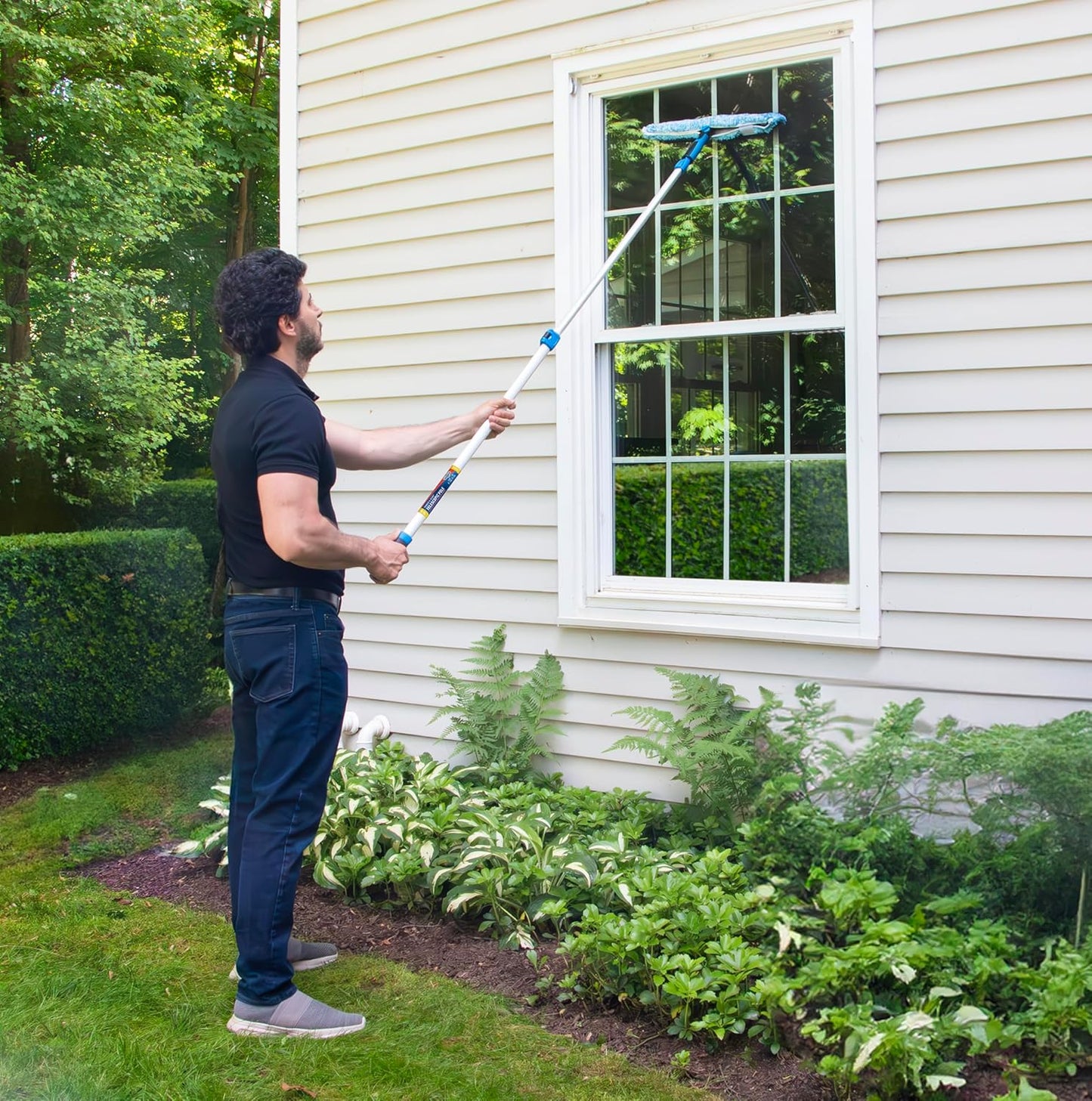 Professional Connect and Clean 18” Grip Microfiber Window Scrubber with 8’ Pole, High-Access Glass Surface Household Cleaning Supplies and Tools, Reusable Microfiber Sleeve