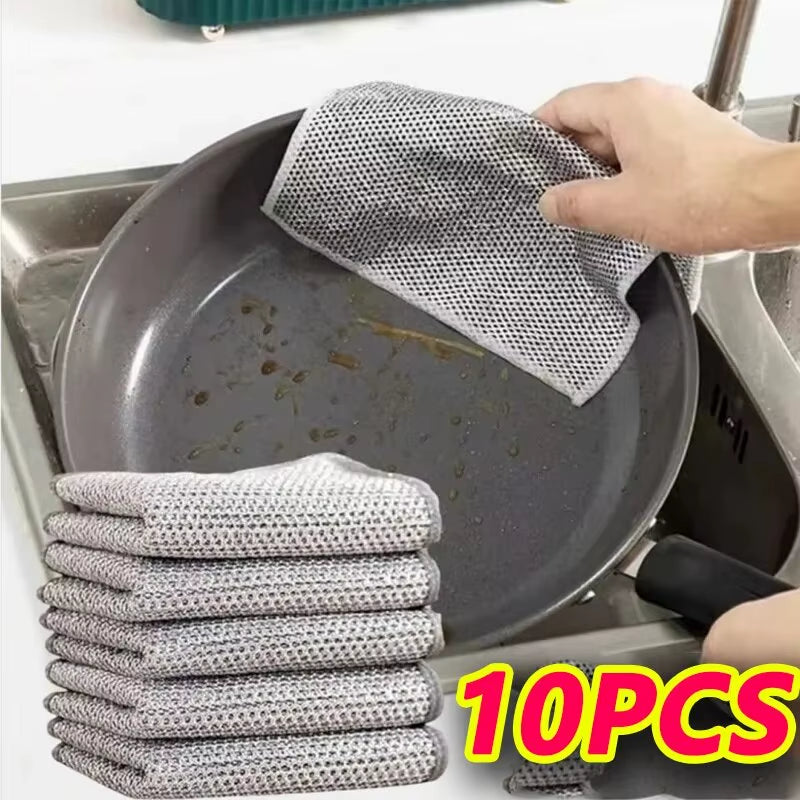 10Pcs Magic Dishcloth Silver Wire Cleaning Kitchen Cloth Thickened Microfiber Wash Towel Built-In Sponge Steel Wire Ball Rag