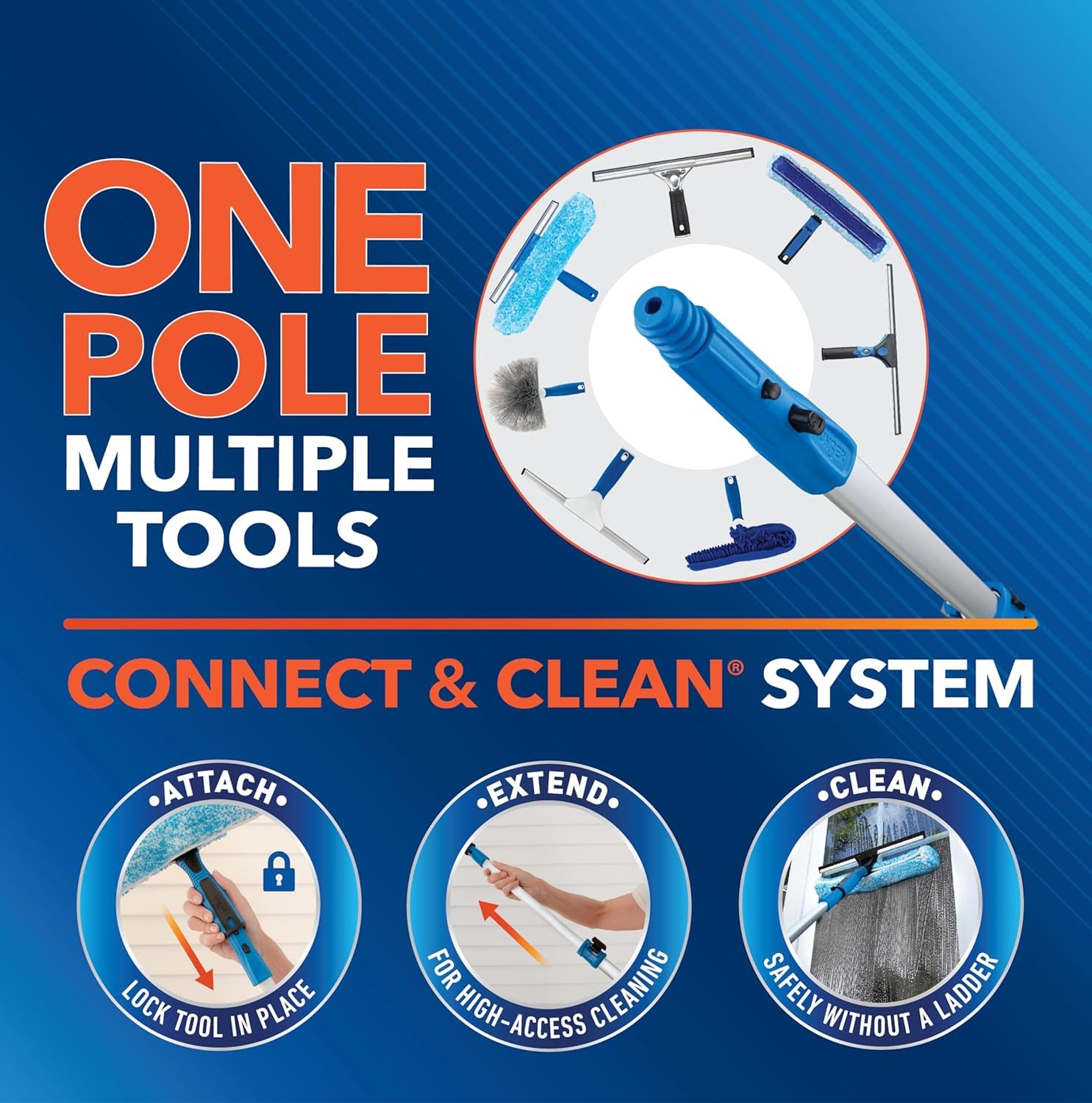 Professional Connect and Clean 18” Grip Microfiber Window Scrubber with 8’ Pole, High-Access Glass Surface Household Cleaning Supplies and Tools, Reusable Microfiber Sleeve