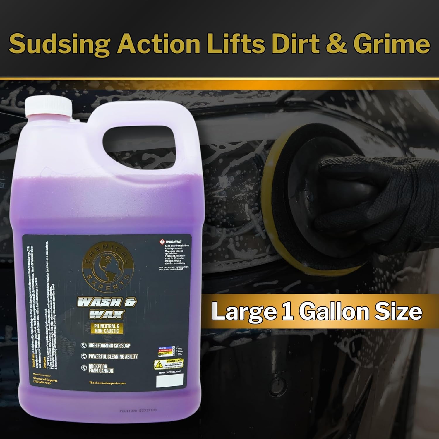 Wash & Wax 1 Gallon Ultra Foaming, Carnauba Shine Enhancer, Grease and Grime Remover, Paint, Glass, Chrome Safe, Foam Cannon & Bucket Compatible